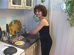 Teen Stud Fucks and Facializes Horny Mature Brunette in the Kitchen