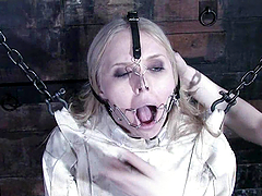Blonde girl in straightjacket gets tied up and toyed