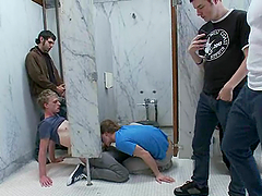 Handsome twink gets tortured and fucked in a public bathroom