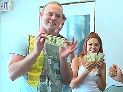 Redhead cutie rides a cock for money in the presence of her GFs