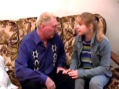 Innocent Blonde Teen Sucks and Fucks an Old Man's Cock On a Couch