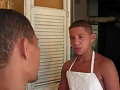 Two black dudes make ardent gay love in the kitchen