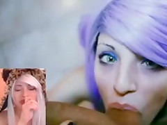 Beautiful purple-haired girl sucks a weiner in hardcore homemade scene