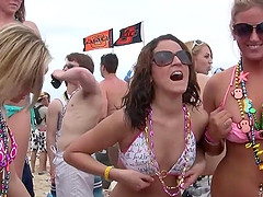 Bikini girls at the beach flash their tits while drinking