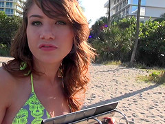 Picking up a brunette hottie with small tits at the beach