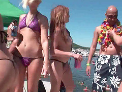 Gorgeous group of wild amateur college hotties drinking and dancing around on a boat