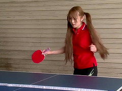 Babe in pigtails sucks guys dick after a game of ping pong
