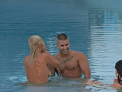 Laia Prats and Michelle Soleil have a blast fucking a guy in a pool