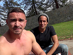Latino gay blindfolded and surprised with a big dick outdoors