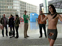 Brunette slave girl Zenza Raggi naked public humiliation for money