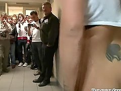 Busty babe Dominno fucks Kamil Klein in the public bathroom