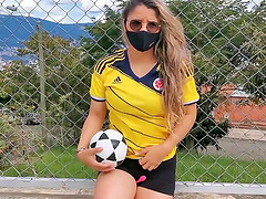 Latina tries to play football with vibrator in her pussy