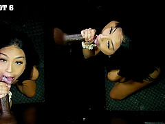 Bianca Bangs, the petite blasian barbie, gets a hot load in her mouth through a gloryhole.