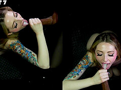 Ailee Anne skillfully sucks a cock through a hole, swallowing loads.