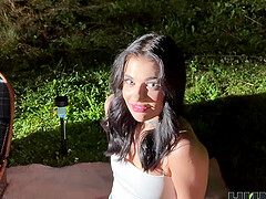 A guy fucked beautiful brunette Chloe Heart outdoors near her house