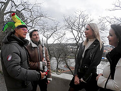 Four guys fuck three girls in an intense group session.