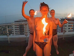 Two beautiful teens Lea and Melonie have fun without panties at the party