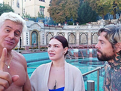 Sexy Porn Star Dan and naughty Apra Shay diving into a steamy outdoor pool adventure