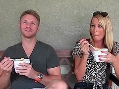 Blonde handsome dude talking a gorgeous MILF into sex