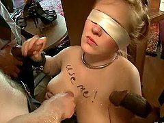 Blindfolded girl sucks big dicks and get fucked