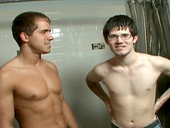 Two hot gay guys hook up and fuck in the locker room shower