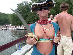 Wavy haired blonde party enjoys a kinky party on a boat