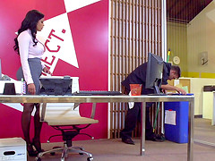 Latina secretary in pantyhose gets a facial at work