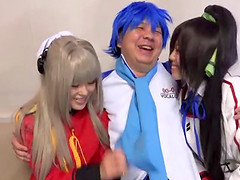 Cosplay cum whore blows and bones guys that jizz her up