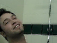 Stunning gay taking shower then giving dick superb blowjob